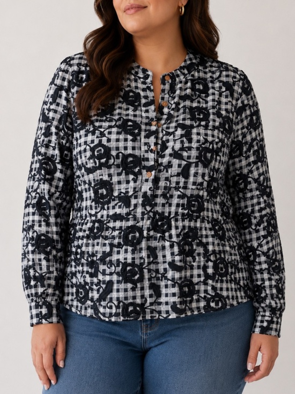 Anthropologie Pilcro Whitney Trapeze Blouse Black White Gingham Embroidered Top